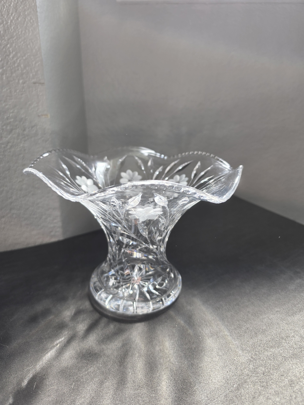 Pairpoint Cut Crystal Flared Vase with Etched Floral Design